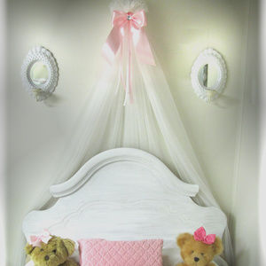 Crib Bed canopy white sheer curtain drapery BOW